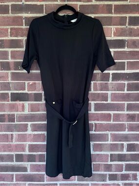 Liz Claiborne Black Knit Dress Women’s Medium Belted Mock Neck Short Sleeve